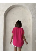 Topshow Fuşya Keten Ham Cep Aplik Cepli Keten Toptan Gömlek