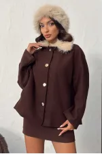 Topshow Peluş Yakalı Dügmeli Kaşe Mont - Kahve | F2048