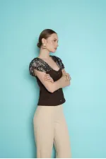 Boat Neck Blouse with Shoulder Lace Detail - Coffee | D2994 - Topshow