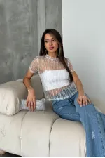 Topshow Krem Pullu Tül Toptan Tişört