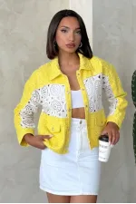 Dantel Detatlı Kot Ceket - Sarı | Topshow | F1758