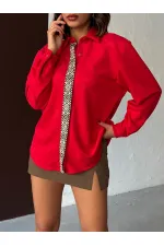 Topshow Striped Detail Scuba Suede Wholesale Shirt - Red | F1973