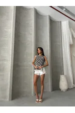 Topshow Raw Black Sleeveless Zebra Pattern Crochet Wholesale Blouse