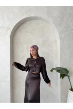 Kraşlı Saten Önden Bağlamalı Toptan Bluz - Kahve | Topshow | F1916