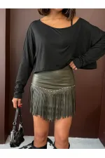 Jupe courte en cuir à franges style western Topshow - Kaki (vente en gros) | F2041