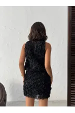 Topshow Siyah Gül Desenli Tül Toptan Etek