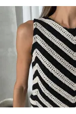 Topshow Raw Black Sleeveless Zebra Pattern Crochet Wholesale Blouse