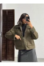 Topshow Süet Tavşan Lamine Toptan Mont - Haki | F2027