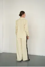 Lace Detail Striped Wholesale Trousers - Yellow | F2083 - Topshow