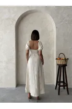 Nakışlı Keten Toptan Elbise - Taş | Topshow