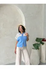 Blouse à lacets en gros - Bleue | Topshow