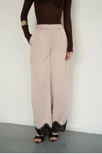 Wholesale Satin Trousers with Lace Hem - Stone | D2969 - Topshow