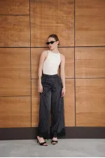 Polka Dot Satin Trousers with Lace Hem - Black | D2970 - Topshow