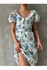 Topshow Mavi Brode Detaylı Desenli Toptan Elbise