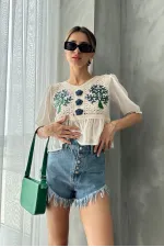 Topshow Stone Saxe Embroidered Wholesale Blouse