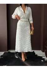 Topshow Gül Süzüneli Etek - Ekru | F2005