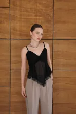 Strappy Lace Detail Tulle Wholesale Blouse - Black | D2979 - Topshow