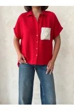 Topshow Kırmızı Keten Ham Cep Aplik Cepli Keten Toptan Gömlek