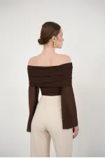 Blouse en tulle à manches longues en gros - Café | D2977 - Topshow