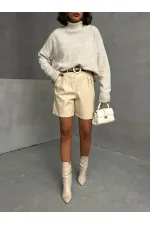 Belted Leather Wholesale Shorts - Stone | TOPSHOW | F1497