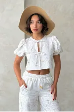 Embroidered Front Tie Wholesale Blouse - Cream | Topshow