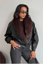 Topshow Fur-Collared Double-Breasted Leather Jacket - Black | F2050