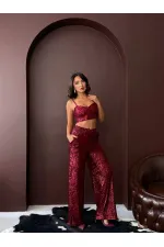 Topshow - Wholesale Sequined Wide Leg Women's Trousers - Elegant Night Outfit - Burgundy