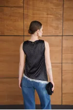 T-shirt en satin à pois et détails en dentelle - Noir | D2961 - Topshow