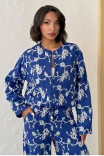 Çiçek Nakışlı Fermuarlı Ceket - Saks | Topshow | F1948