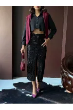 Jupe longue en velours à paillettes F 2053 - Noir