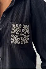Topshow - Wholesale Embroidered Corduroy Shirt with Pocket - Black