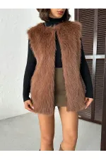 Topshow - Toptan Suni Kürk Yelek - Açık Kahve