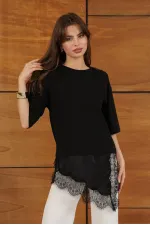D 2942 ASYMMETRICAL T-SHIRT WITH LACE AND SATIN DETAILS - BLACK