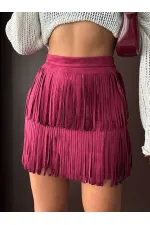 Topshow Tasseled Scuba Suede Skirt - Burgundy | F2030