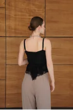 Strappy Lace Detail Tulle Wholesale Blouse - Black | D2979 - Topshow