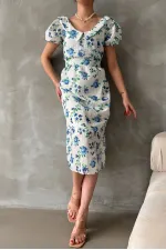 Topshow Mavi Brode Detaylı Desenli Toptan Elbise