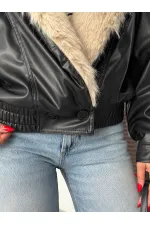 Topshow | Yakası Kürklü Kruvaze Deri Mont - Siyah Taş | F2050