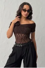 Topshow | Rose Detail Lace Blouse - Coffee | D2749