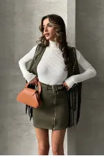 Süet Fermuarlı Toptan Etek - Haki | TOPSHOW | F0121