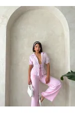 Önden Bağlamalı Çizgili Gömlek - Pembe Topshow