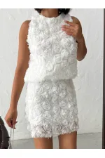 Topshow Cream Rose Patterned Tulle Wholesale Skirt