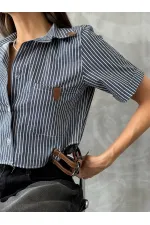 Topshow Black Striped Belt Detailed Striped Wholesale Shirt