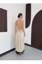 D 3022 DANTEL DETAYLI SATEN ELBİSE - TAŞ