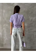 Topshow Lilac Striped Belt Detailed Striped Wholesale Shirt