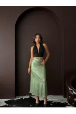 Topshow Haki Payetli Uzun Etek - Yüksek Bel, Şık Gece Elbisesi Kombini