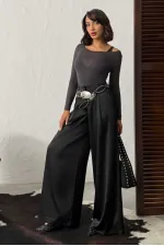 Yüksek Bel Bol Paça Saten Pantolon – Şık Ve Rahat Tasarım - Siyah | F2052