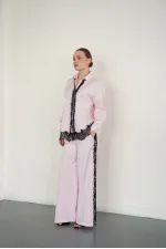 Lace Detail Striped Wholesale Trousers - Pink | F2083 - Topshow