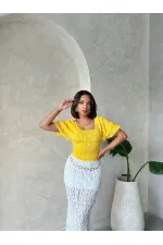 Blouse en mousseline à motifs détaillés jaunes Topshow Gipe, vente en gros