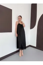 D 3022 DANTEL DETAYLI SATEN ELBİSE - SİYAH