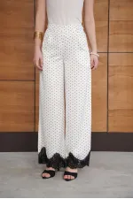 Polka Dot Satin Trousers with Lace Hem - Cream | D2970 - Topshow